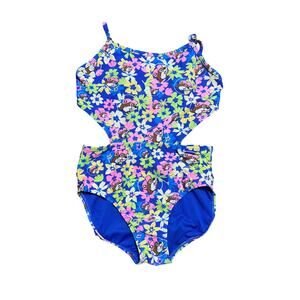 Buc-ee's Youth large cut out one piece swimsuit Buc-ee's logo and floral print